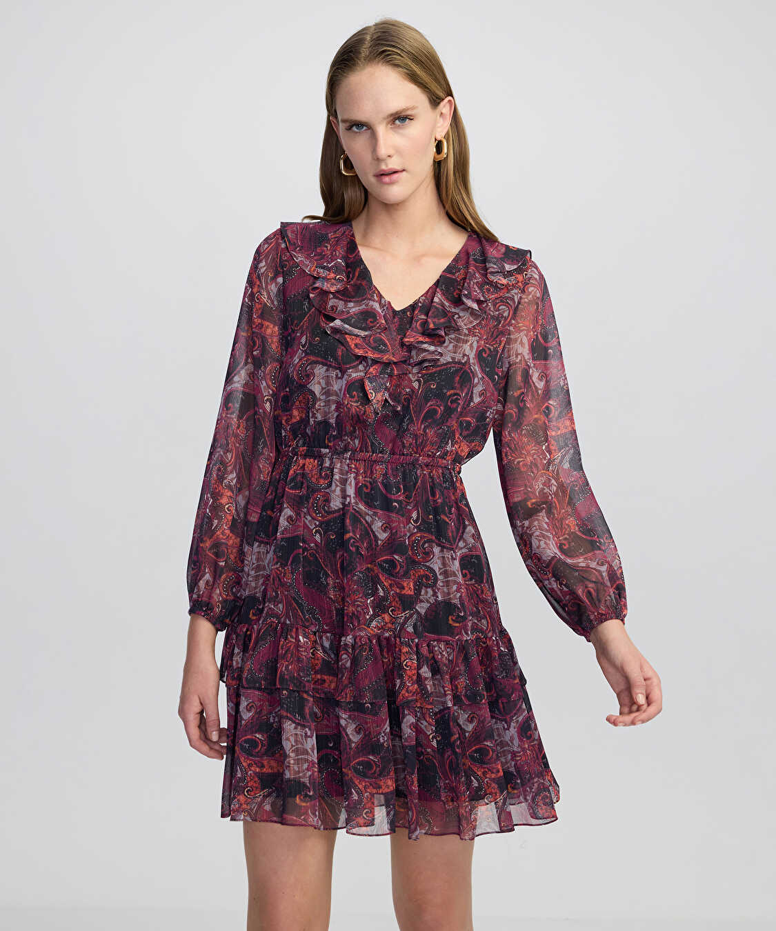 Desenli şifon elbise - IW6250002107035 - Bordo Elbise