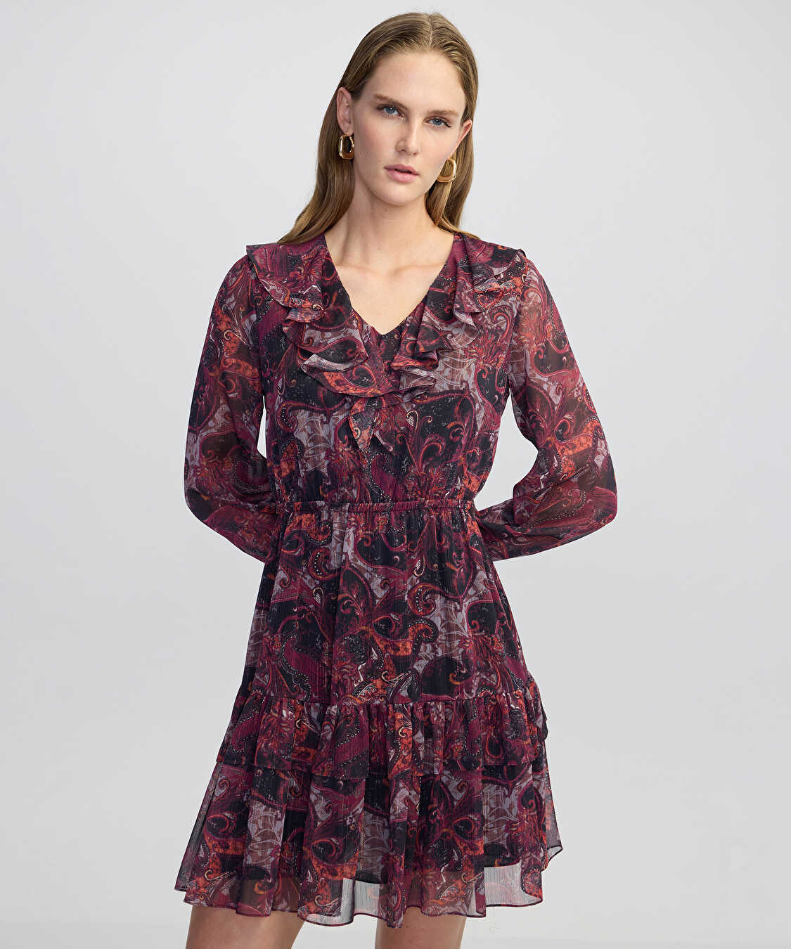 Desenli şifon elbise - IW6250002107035 - Bordo Elbise