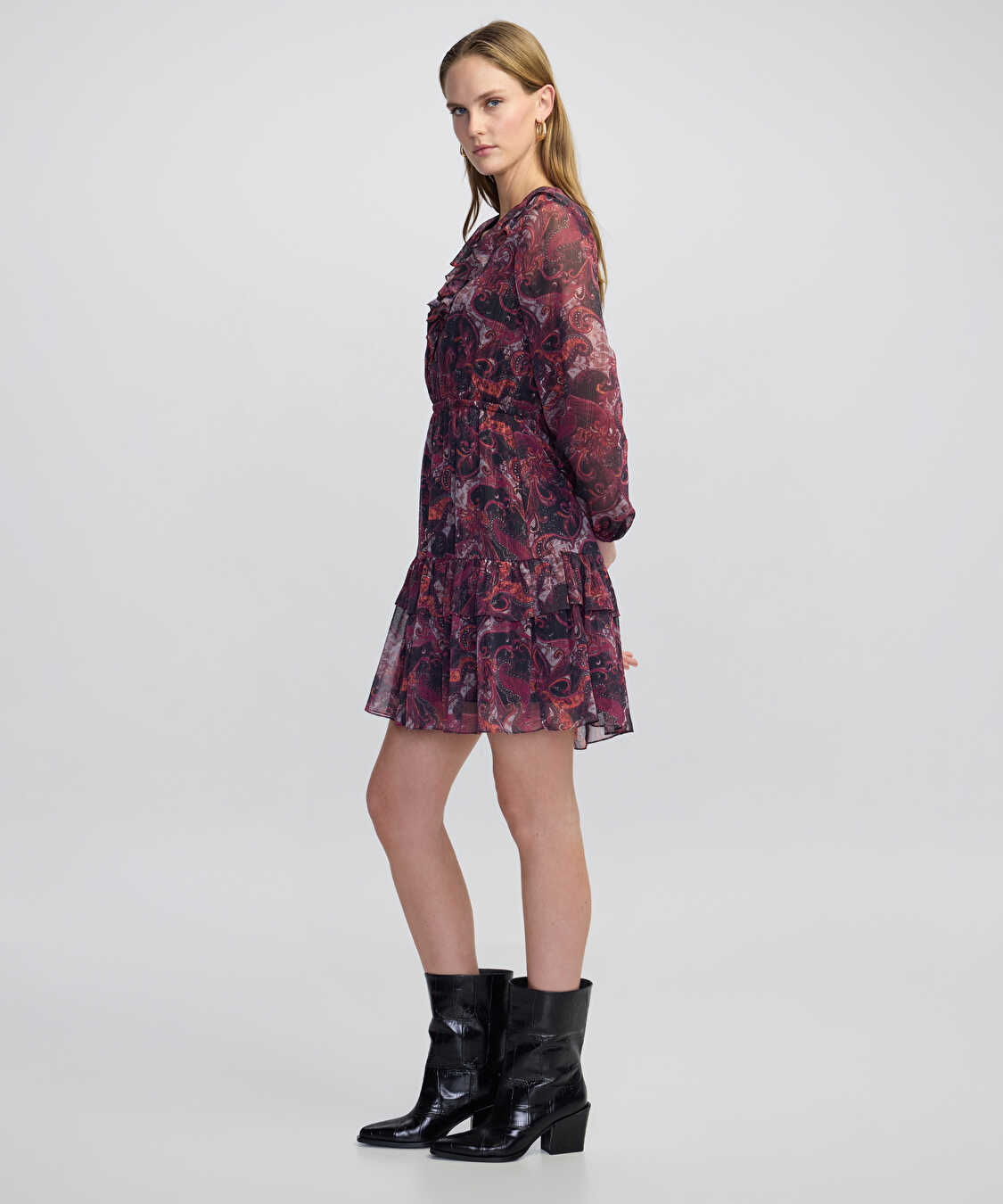 Desenli şifon elbise - IW6250002107035 - Bordo Elbise