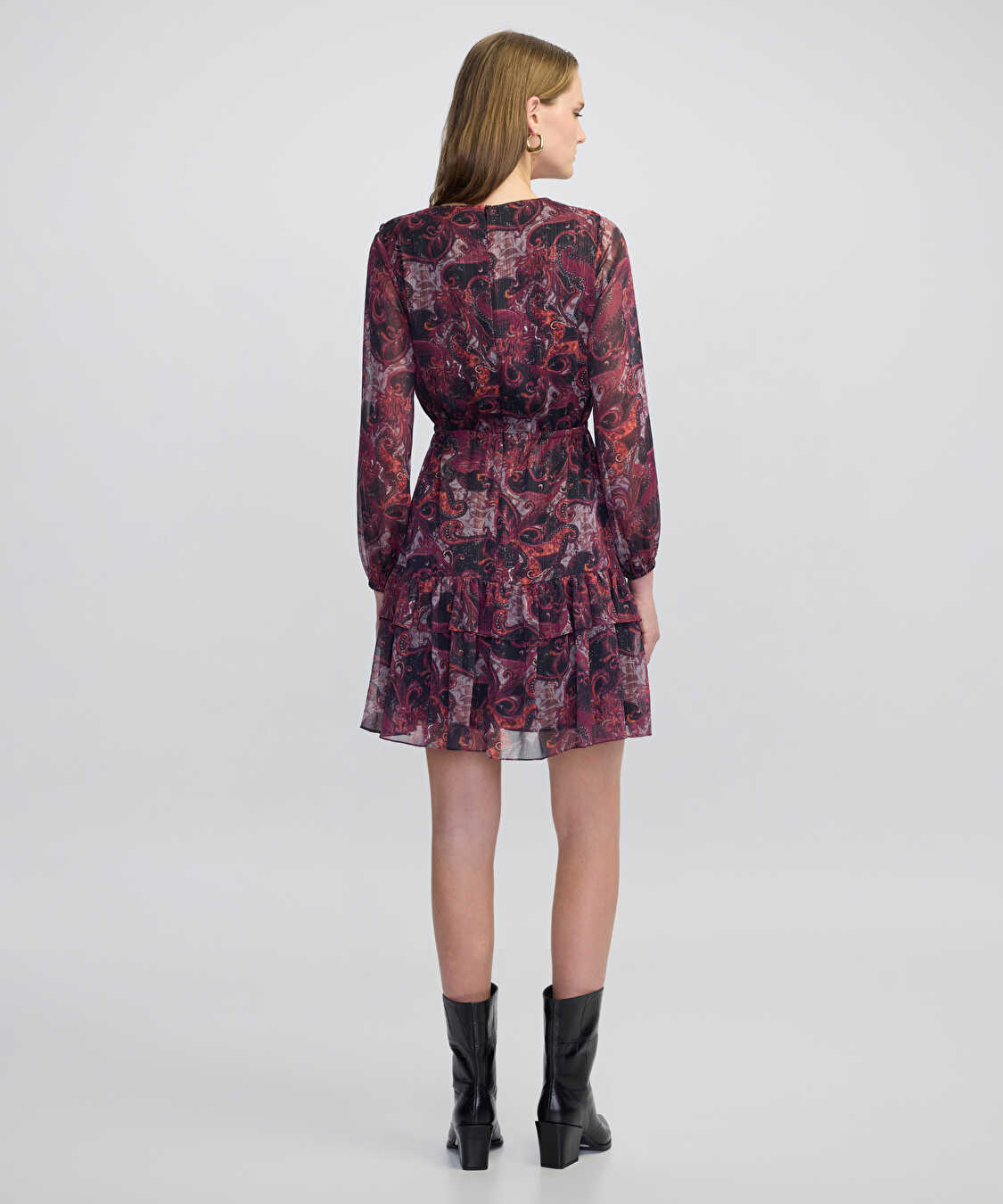 Desenli şifon elbise - IW6250002107035 - Bordo Elbise