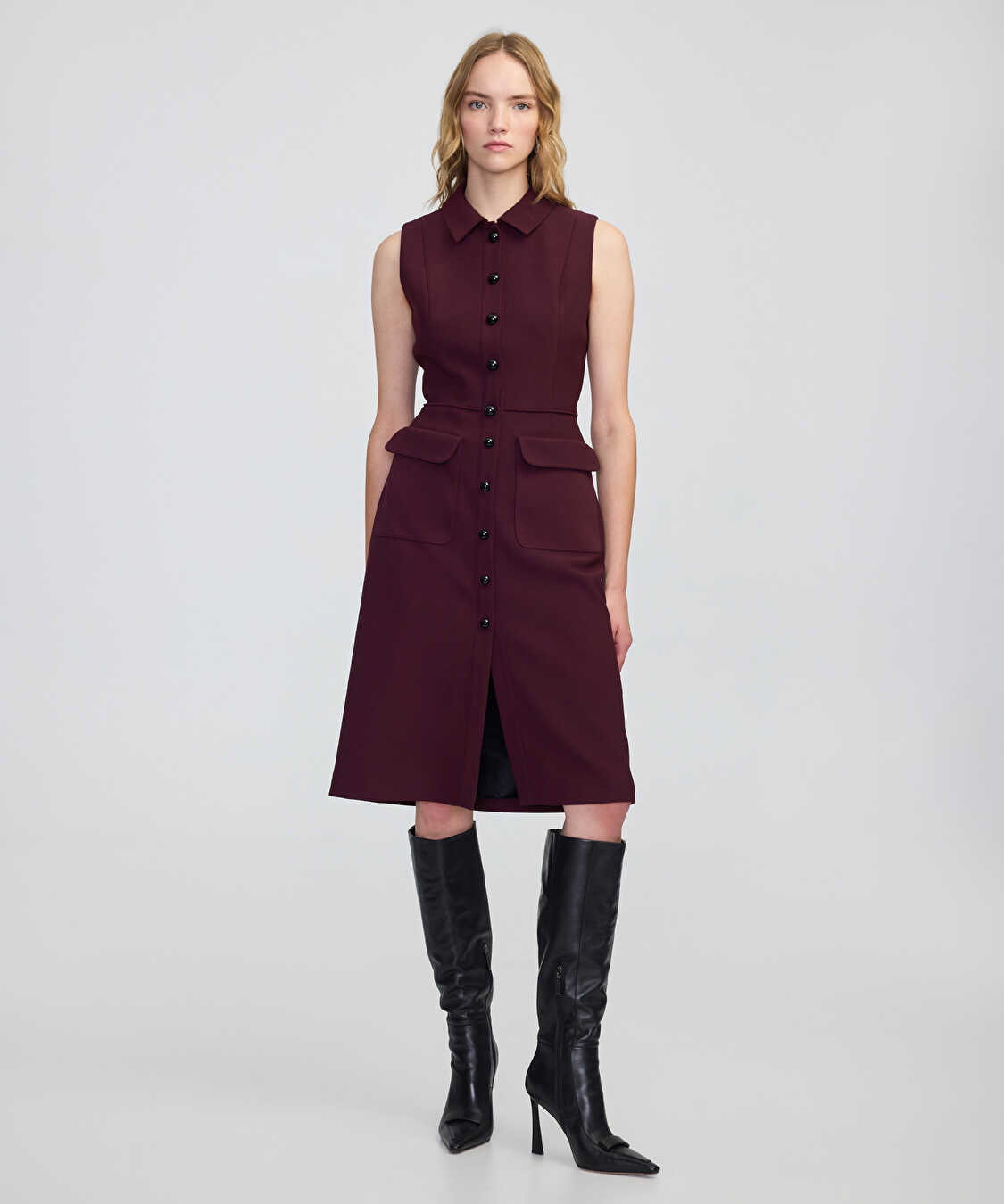 Geniş cepli midi elbise - IW6250002197035 - Bordo Elbise