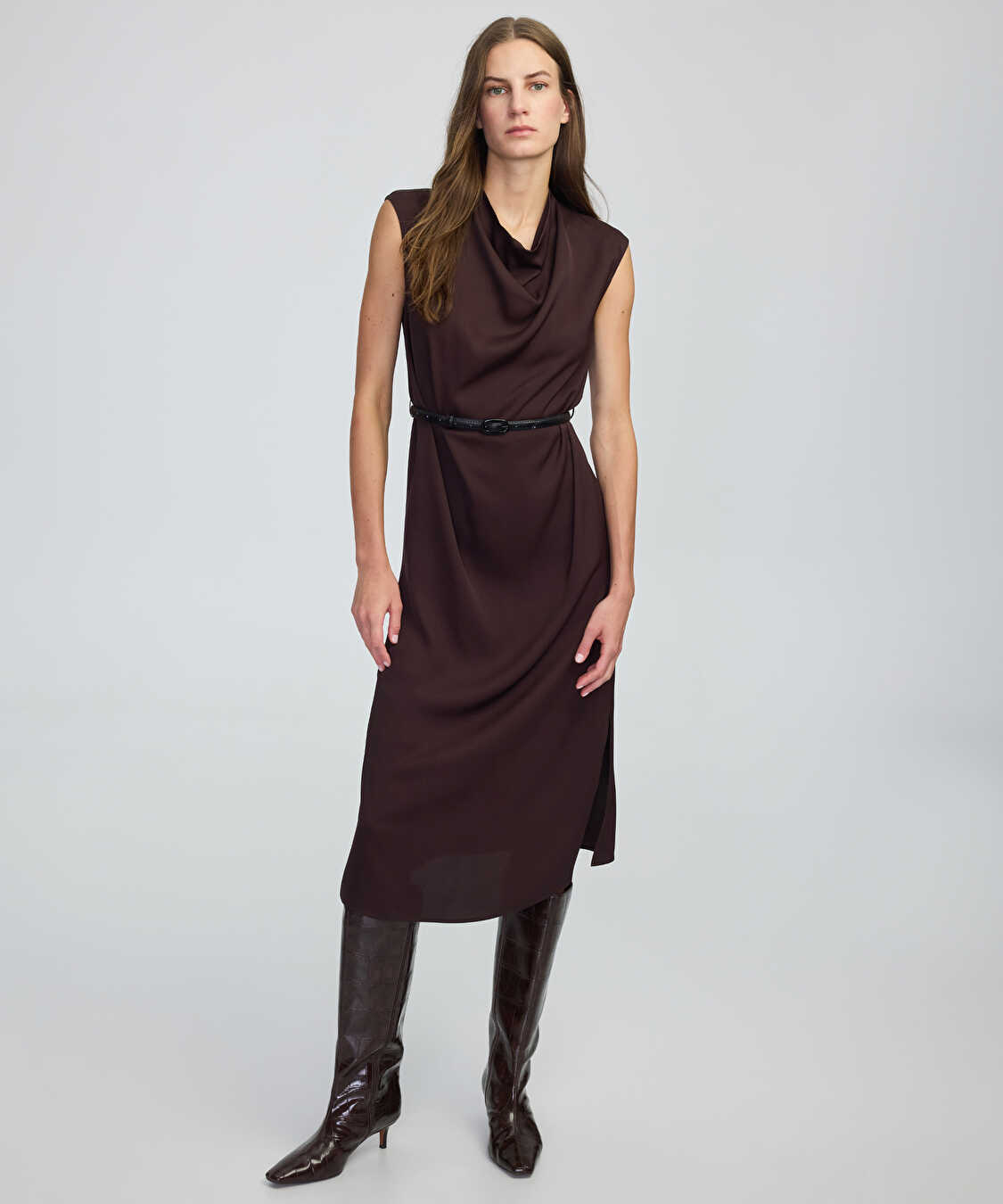 Kemerli midi elbise - IW6250002234074 - Kahverengi Elbise