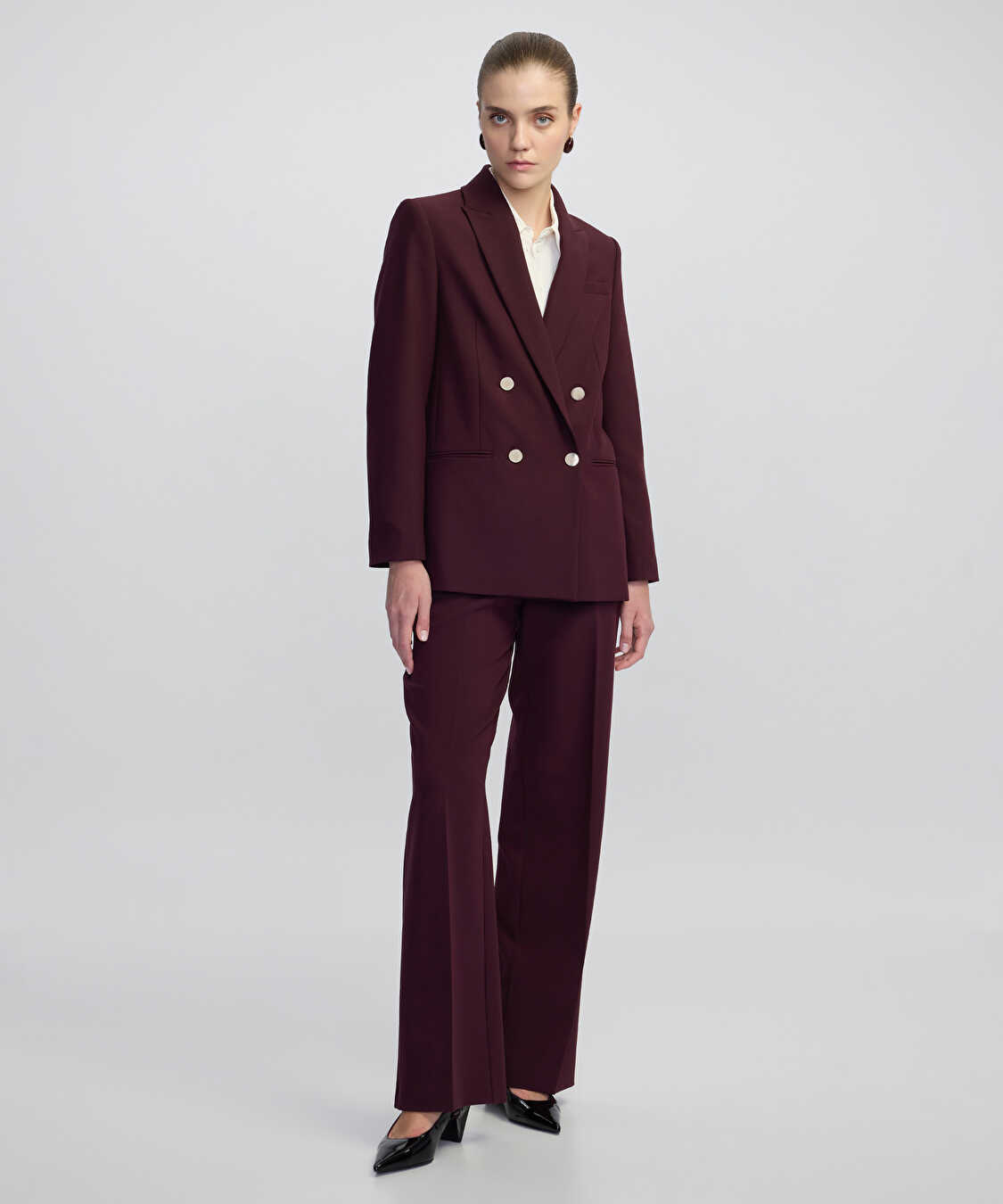 Metal tokalı wide leg fit pantolon - IW6250003042035 - Bordo Pantolon