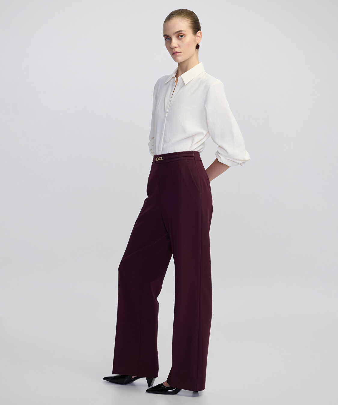 Metal tokalı wide leg fit pantolon - IW6250003042035 - Bordo Pantolon