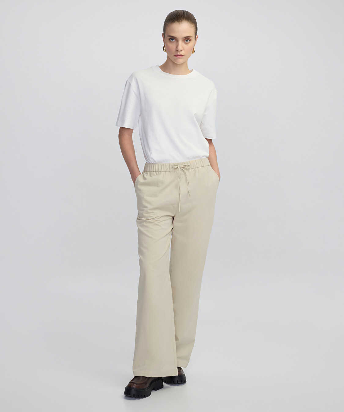 Ayarlanabilir bel wide leg fit pantolon - IW6250003055003 - Natürel Pantolon