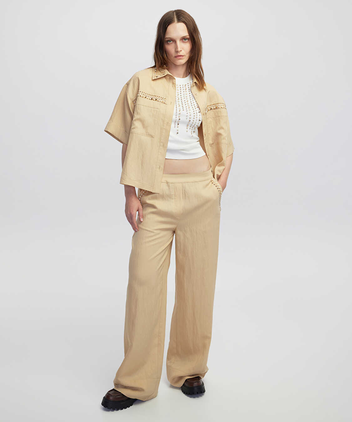 Karma aksesuarlı pantolon - IW6250003076003 - Natürel Pantolon