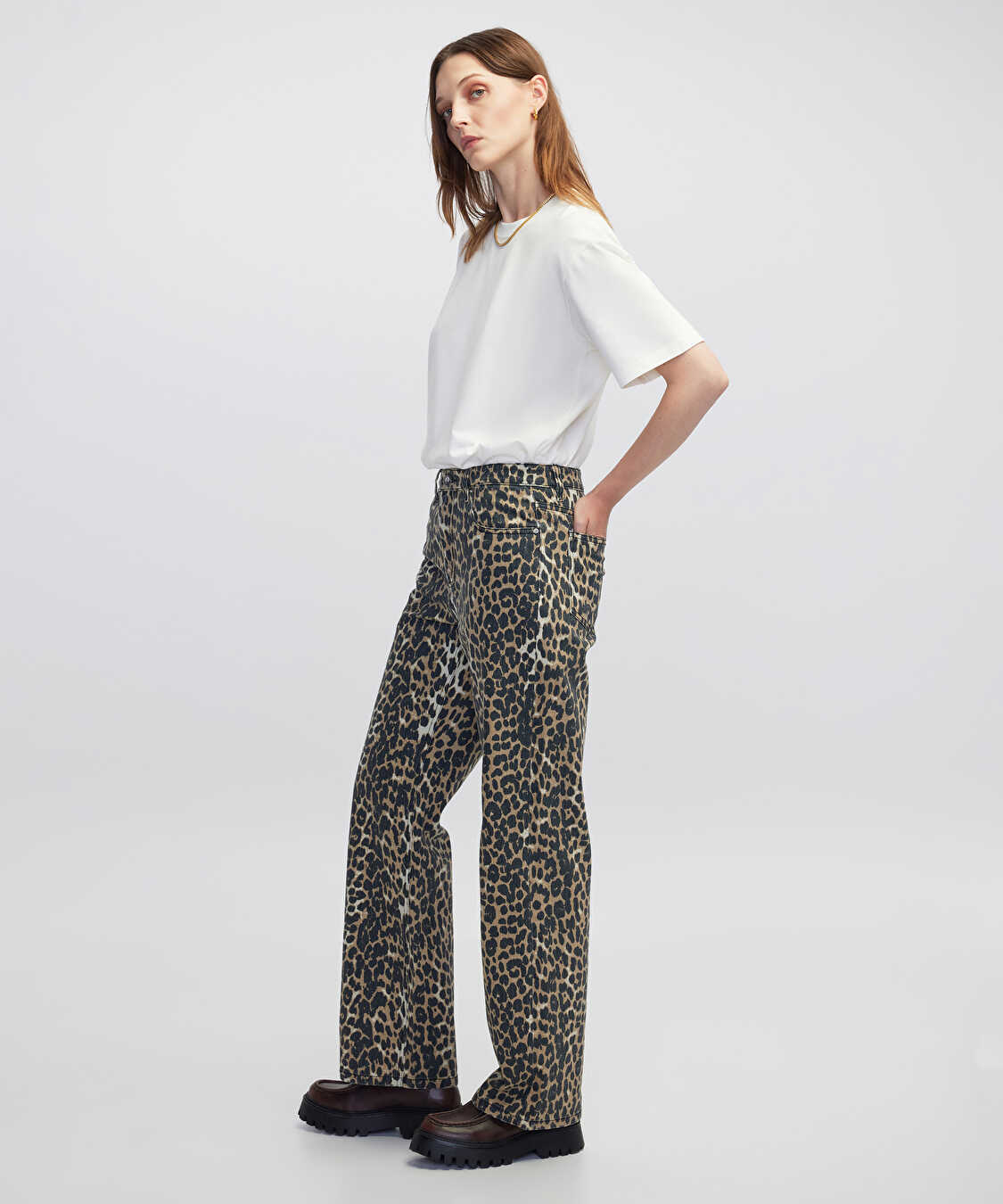 Leopar desen non denim pantolon - IW6250003077003 - Natürel Pantolon