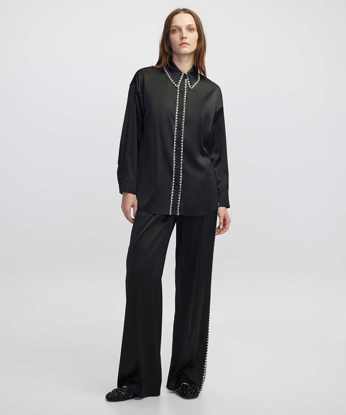 Strass taş şeritli pantolon - IW6250003136001 - Siyah Pantolon