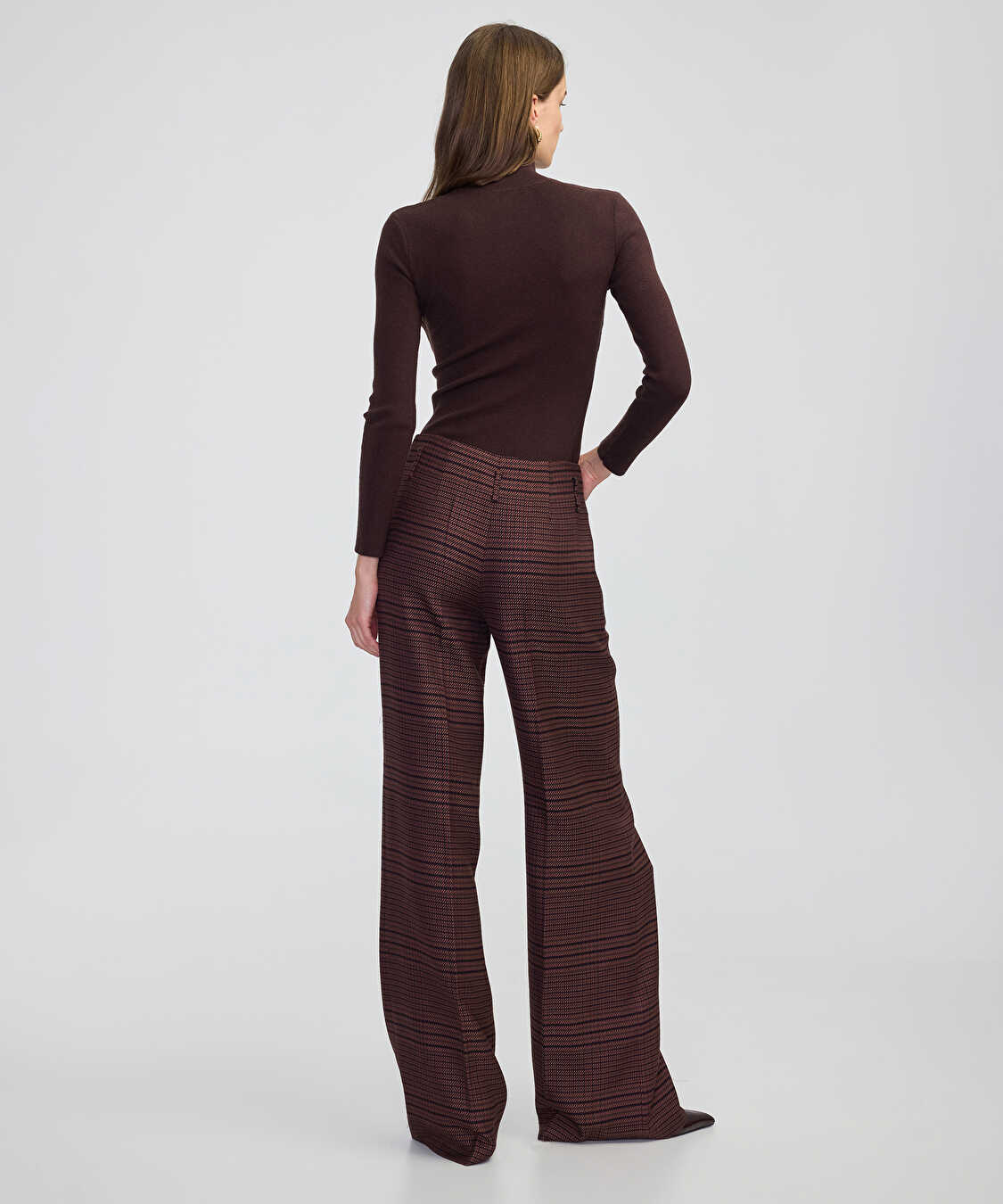 Ekose desen wide leg fit pantolon - IW6250003197074 - Kahverengi Pantolon