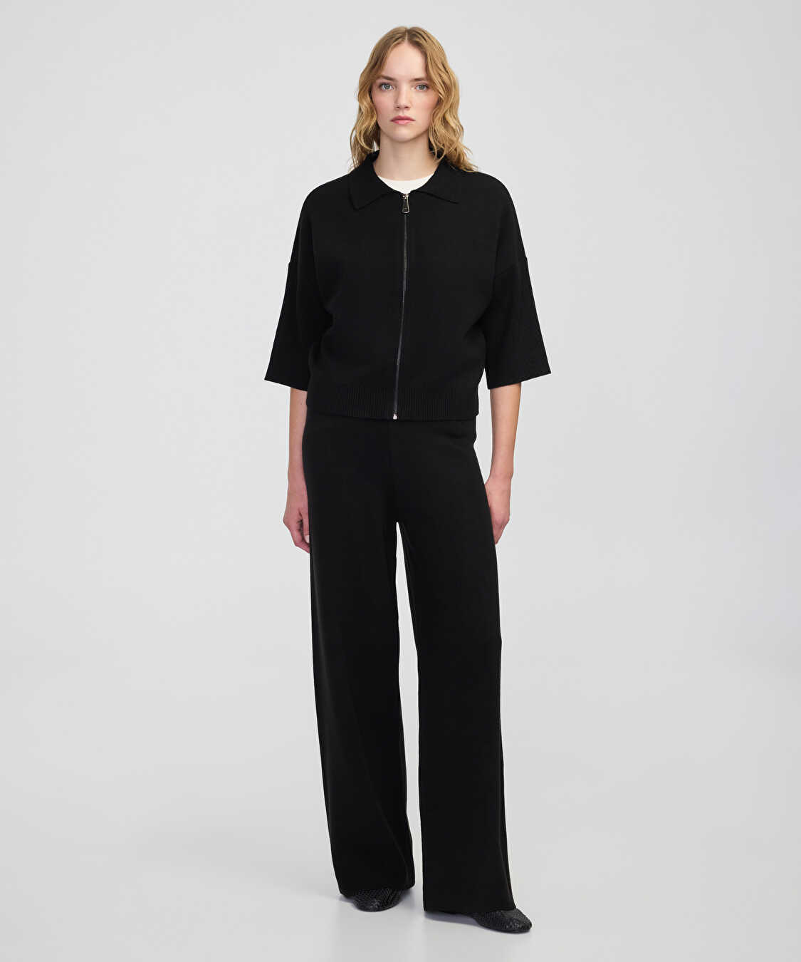 Wide leg fit triko pantolon - IW6250003219001 - Siyah Pantolon