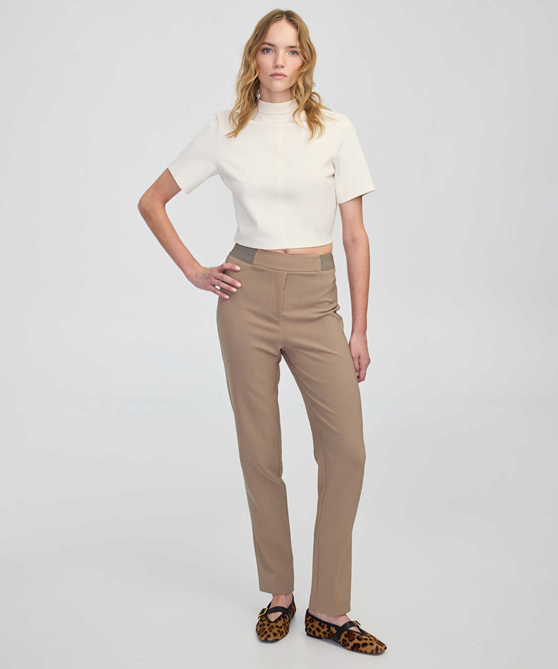 Parlak şeritli skinny fit pantolon - IW6250003227014 - Vizon Pantolon
