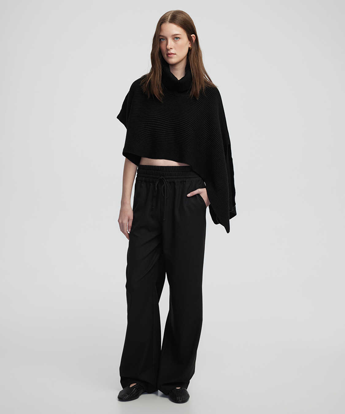 Belden bağlamalı wide leg fit pantolon - IW6250003346001 - Siyah Pantolon