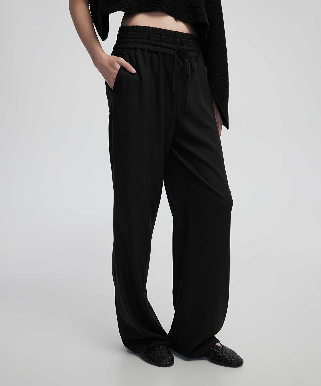Belden bağlamalı wide leg fit pantolon - IW6250003346001 - Siyah Pantolon