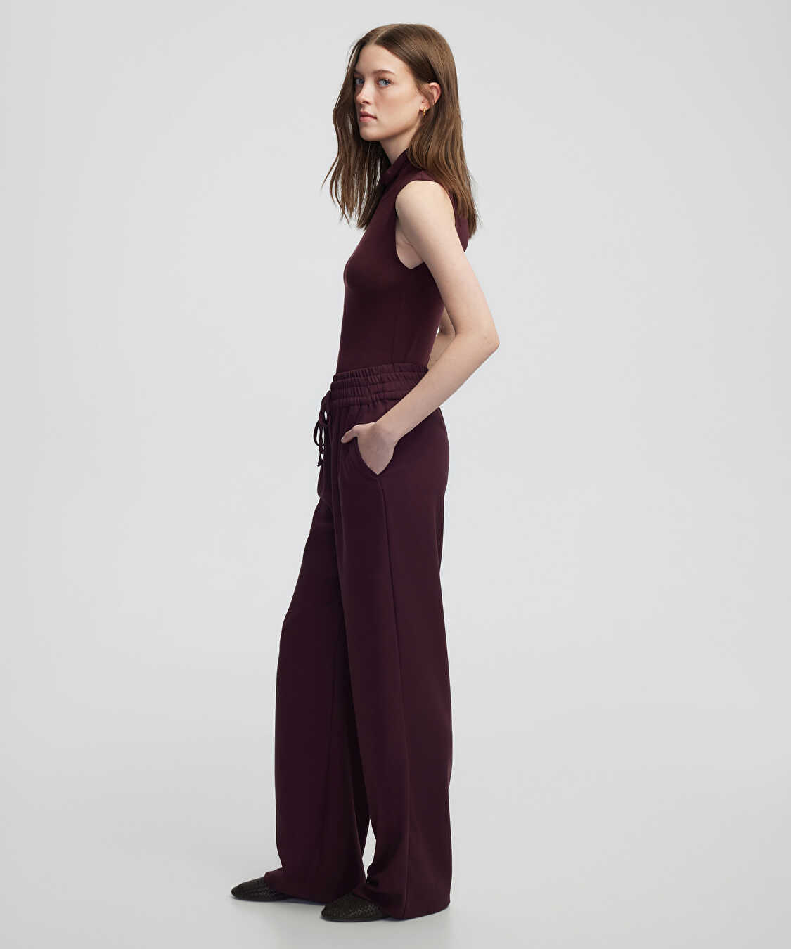 Belden bağlamalı wide leg fit pantolon - IW6250003346035 - Bordo Pantolon