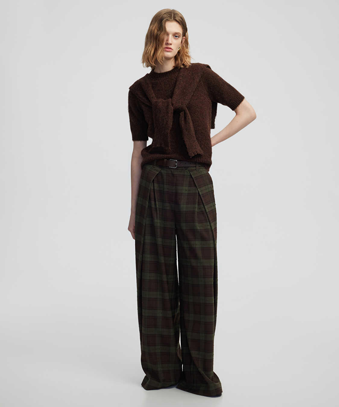 Kemerli ekose desen pantolon - IW6250003373074 - Kahverengi Pantolon