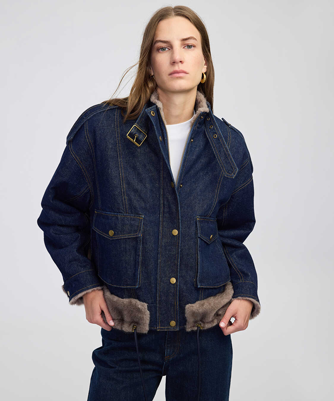 Suni kürk mix kemerli denim mont - IW6250012208629 - İndigo Mont