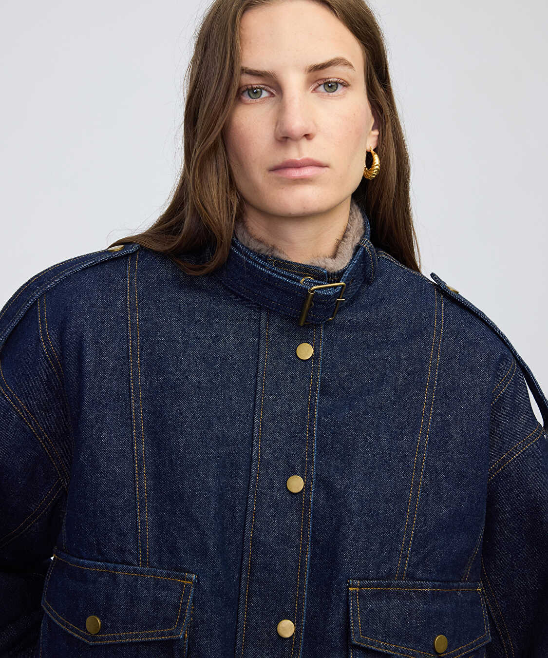Suni kürk mix kemerli denim mont - IW6250012208629 - İndigo Mont