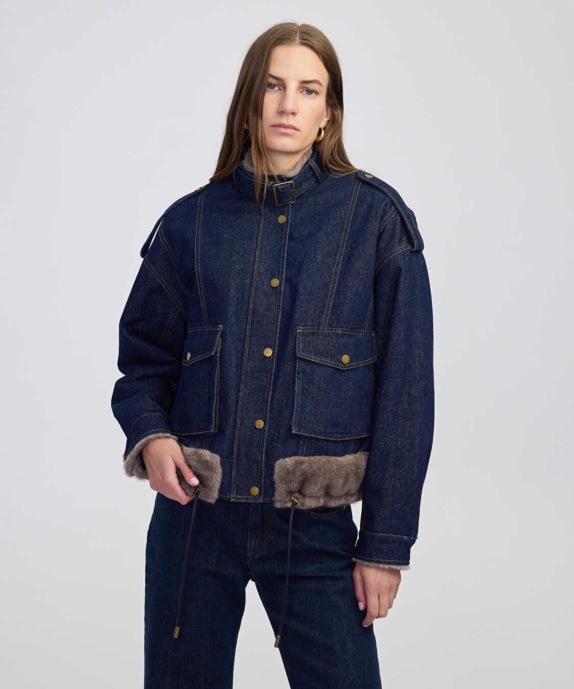 Suni kürk mix kemerli denim mont - IW6250012208629 - İndigo Mont