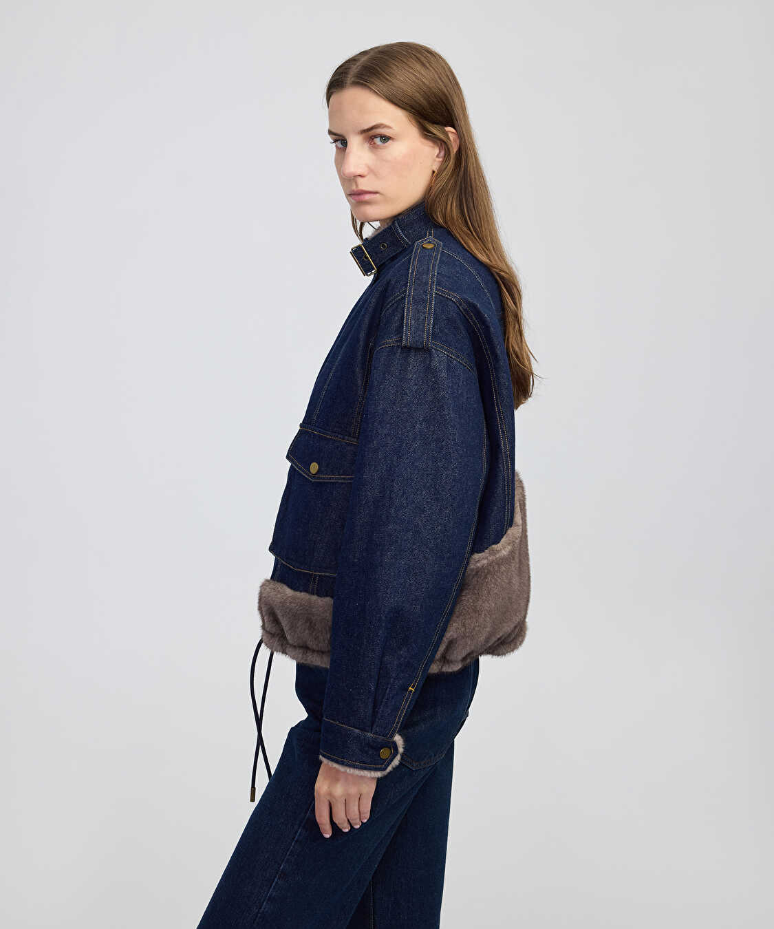 Suni kürk mix kemerli denim mont - IW6250012208629 - İndigo Mont