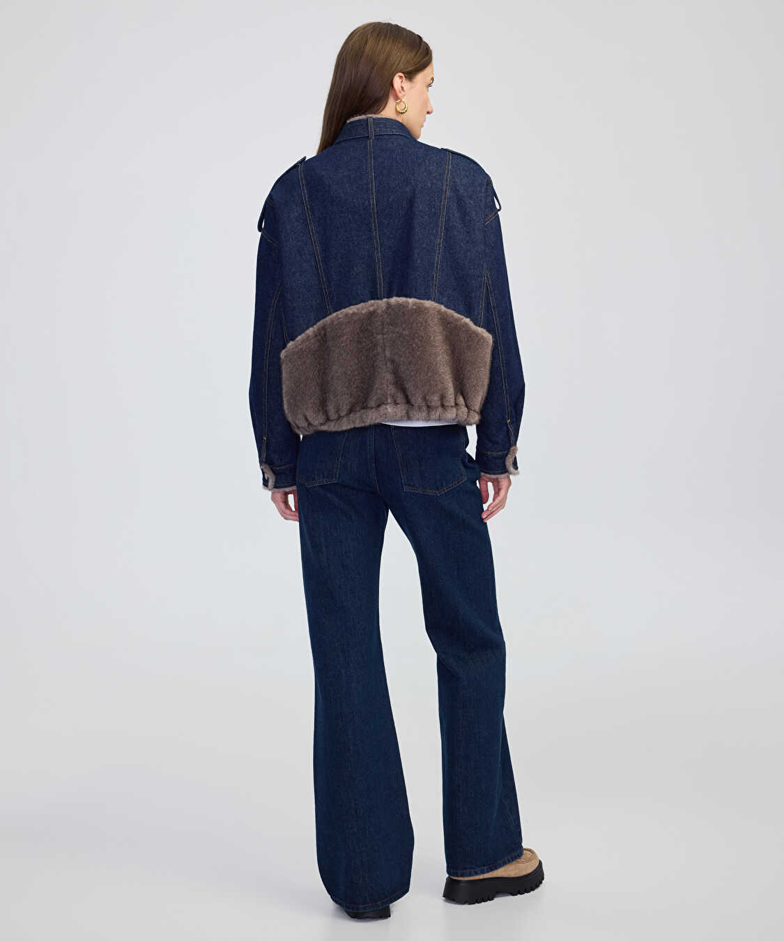Suni kürk mix kemerli denim mont - IW6250012208629 - İndigo Mont