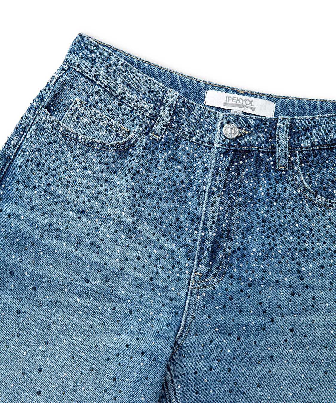 Hotfix baskılı wide leg fit jean pantolon - IW6250018013629 - İndigo Jean Pantolon