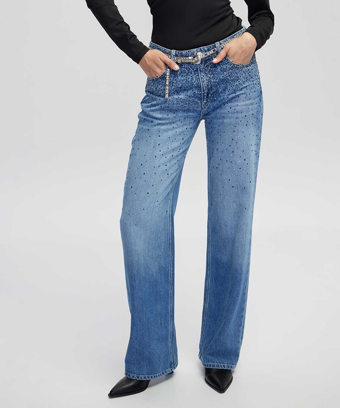 Hotfix baskılı wide leg fit jean pantolon - IW6250018013629 - İndigo Jean Pantolon