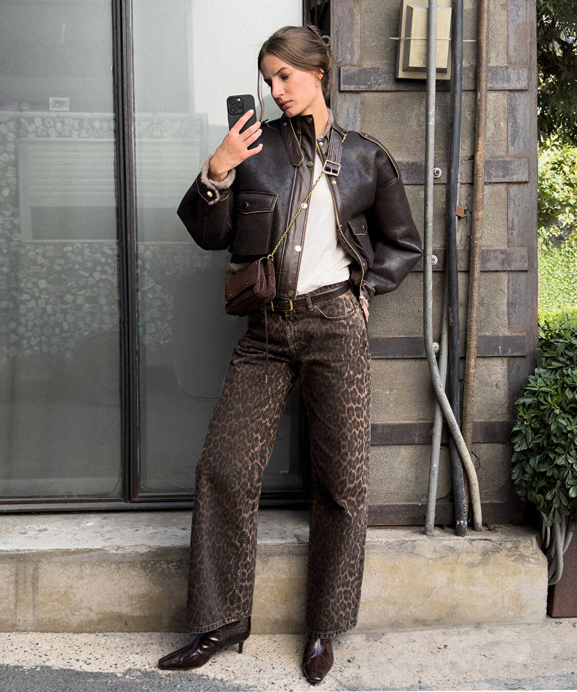 Leopar desen palazzo jean pantolon - IW6250018038074 - Kahverengi Jean Pantolon