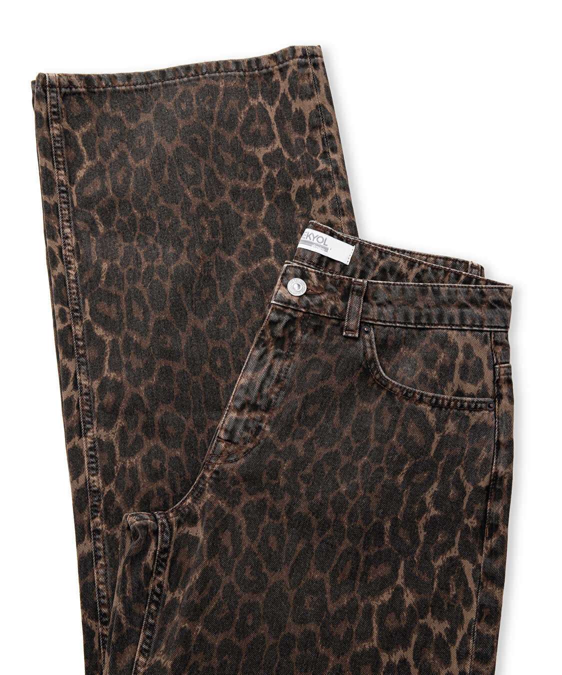 Leopar desen palazzo jean pantolon - IW6250018038074 - Kahverengi Jean Pantolon