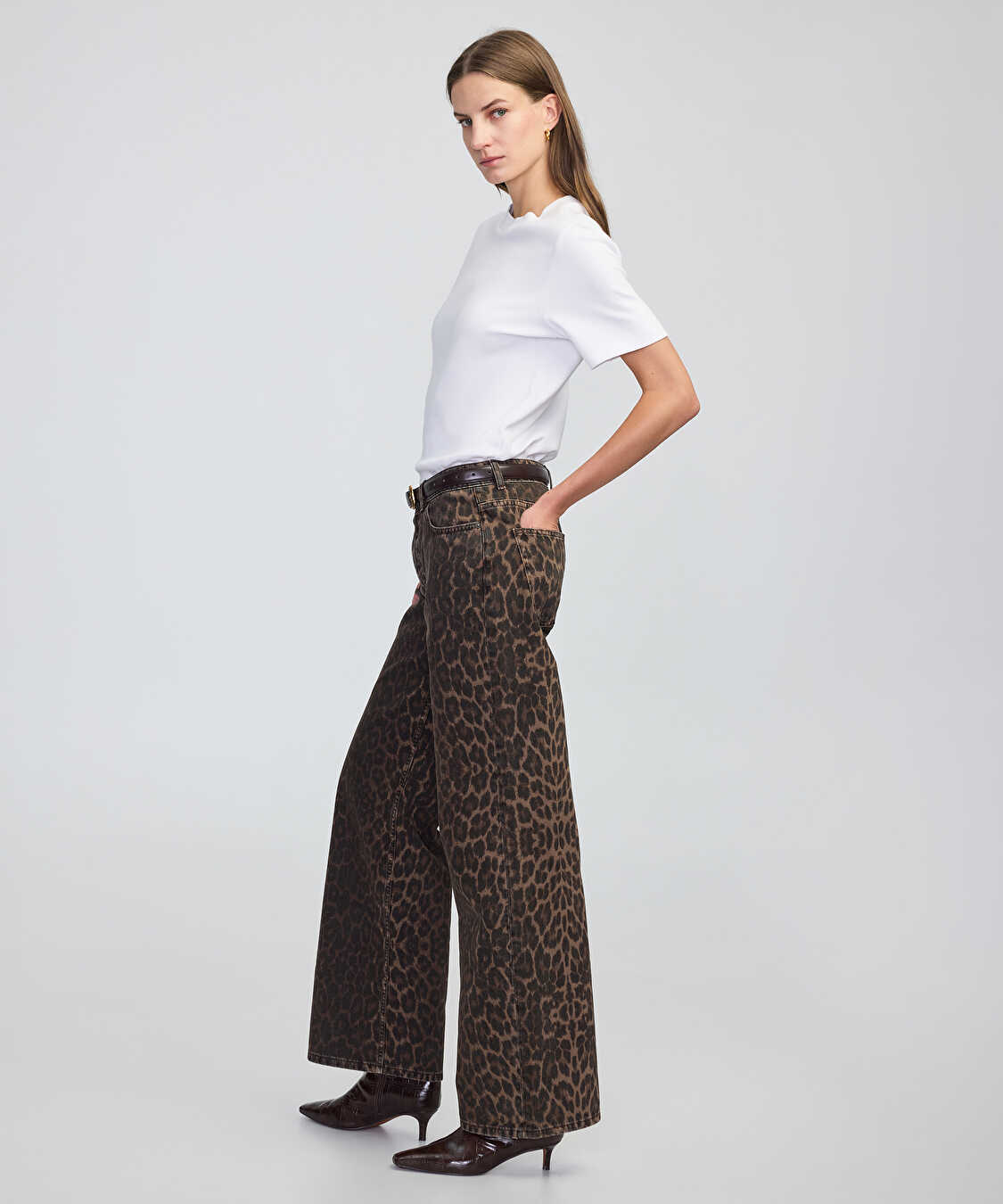 Leopar desen palazzo jean pantolon - IW6250018038074 - Kahverengi Jean Pantolon