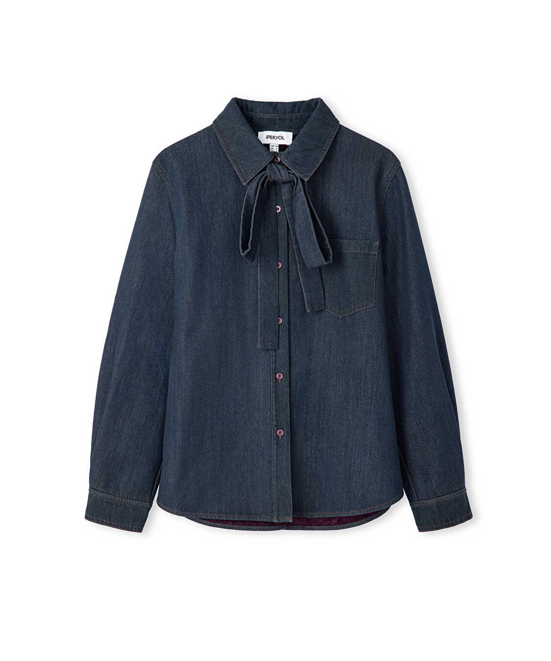 Boyundan bağlamalı denim gömlek - IW6250025149629 - İndigo Gömlek