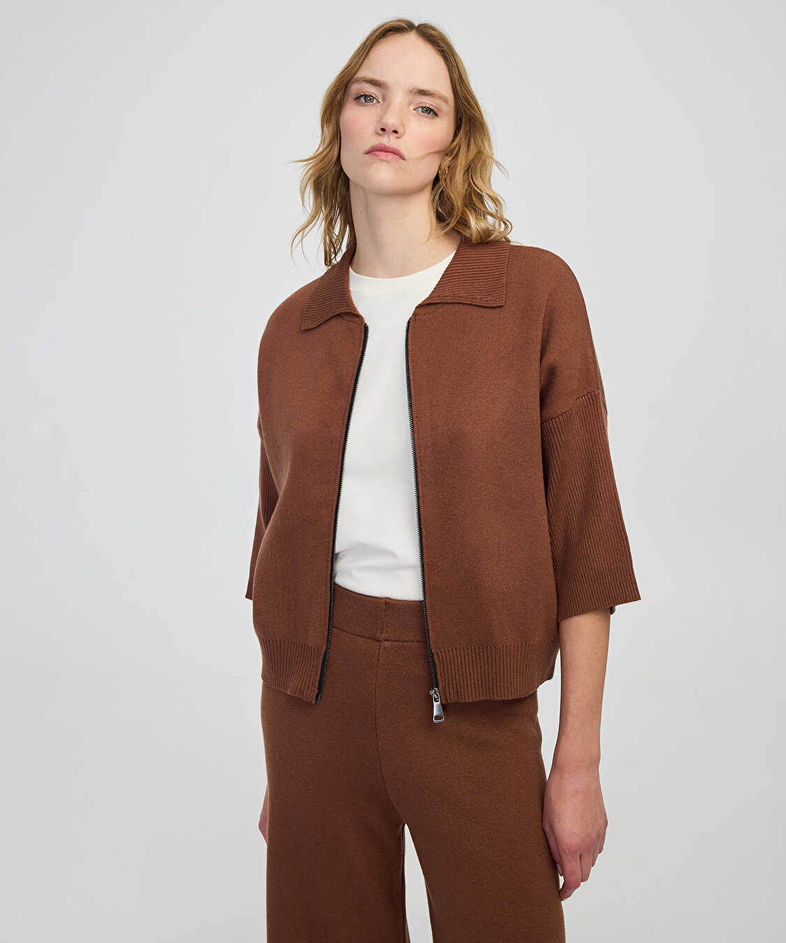 Fermuarlı rahat kesim triko - IW6250050468041 - Karamel Triko