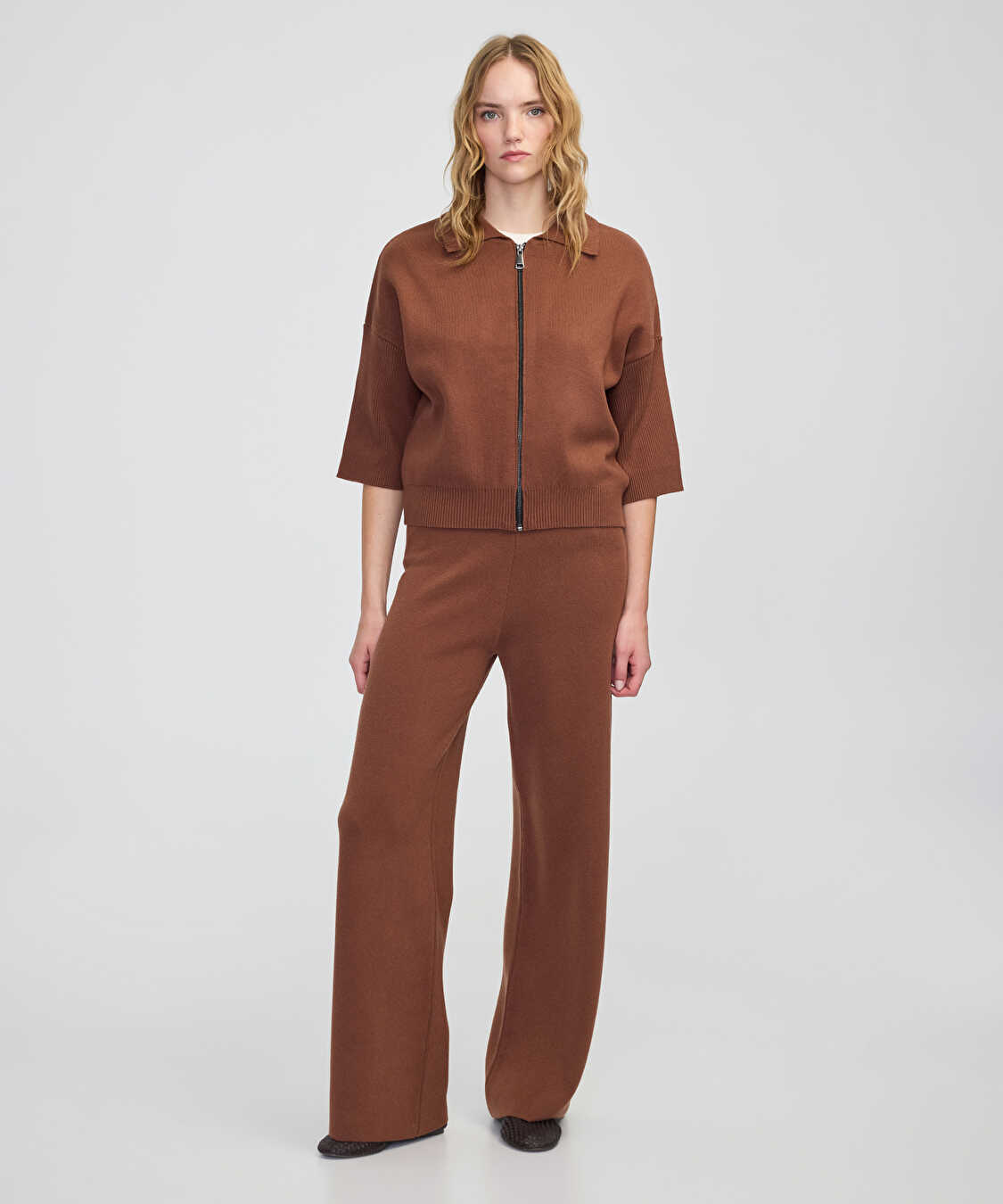 Fermuarlı rahat kesim triko - IW6250050468041 - Karamel Triko