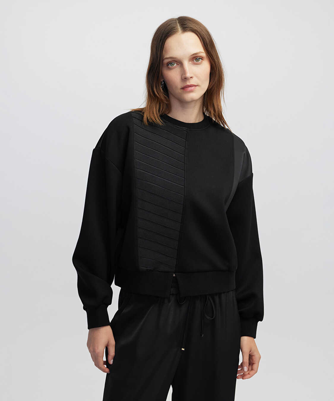 Kontrast dokulu sweatshirt - IW6250091022001 - Siyah Sweatshirt