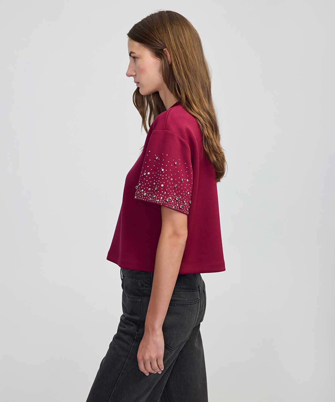 Trok ve hotfix baskılı sweatshirt - IW6250091055175 - Açık Mürdüm Sweatshirt