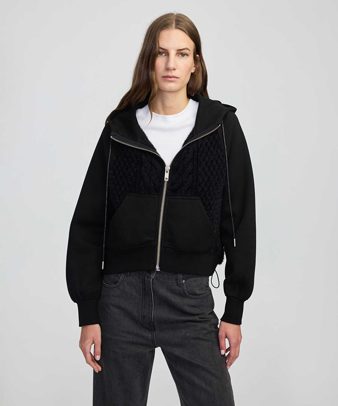 Kumaş mix ayarlanabilir bel sweatshirt - IW6250091060001 - Siyah Sweatshirt
