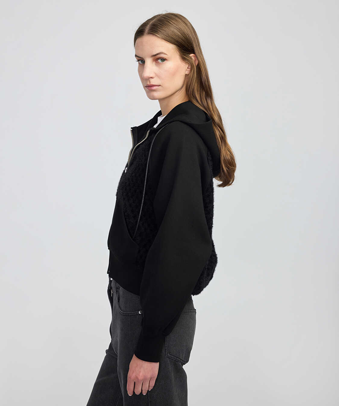 Kumaş mix ayarlanabilir bel sweatshirt - IW6250091060001 - Siyah Sweatshirt