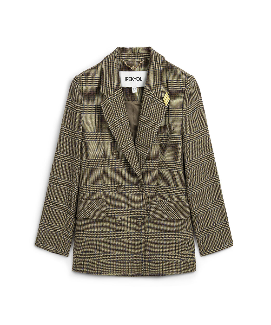 Broş aksesuarlı ekose desen blazer  - IW6250106016156 - Sütlü Kahve Blazer