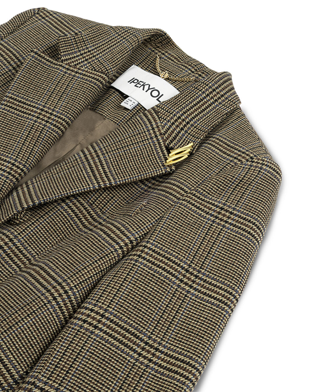 Broş aksesuarlı ekose desen blazer  - IW6250106016156 - Sütlü Kahve Blazer