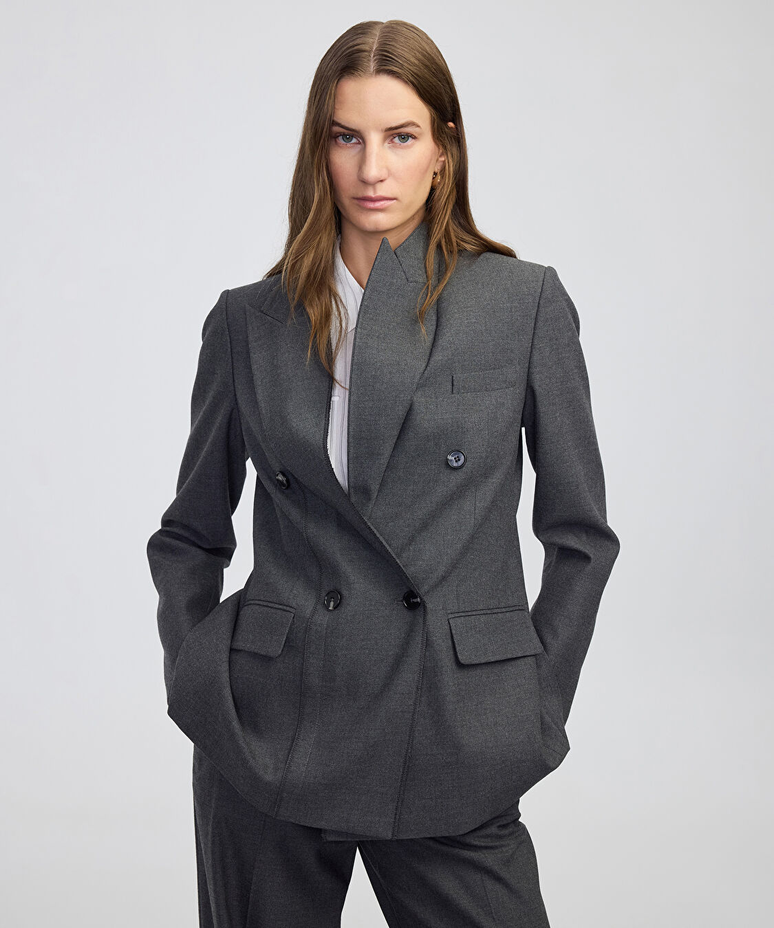 Triko şeritli raw edge blazer - IW6250106025088 - Antrasit Blazer