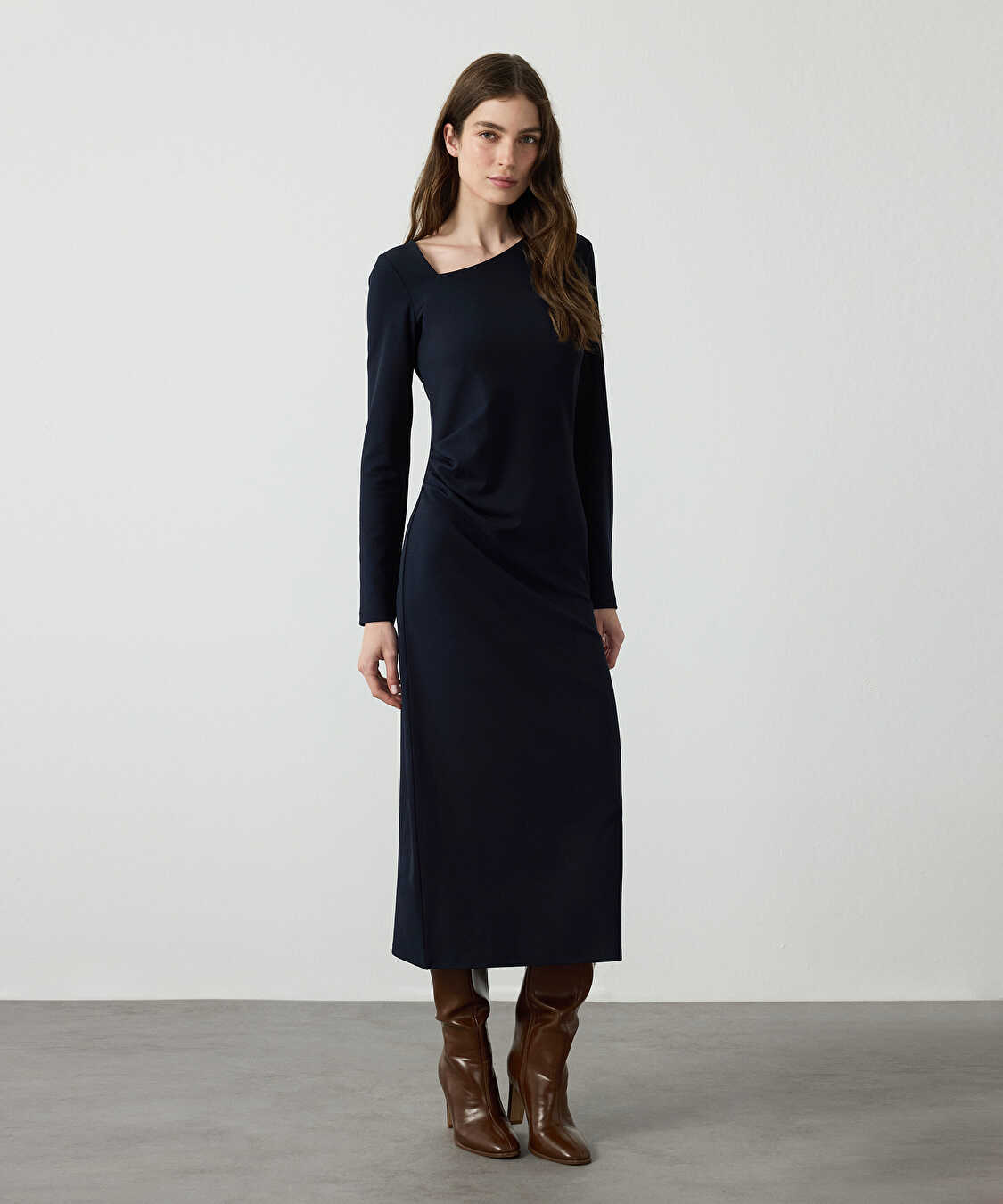 Asimetrik yaka penye elbise - IW6260002106015 - Lacivert Elbise