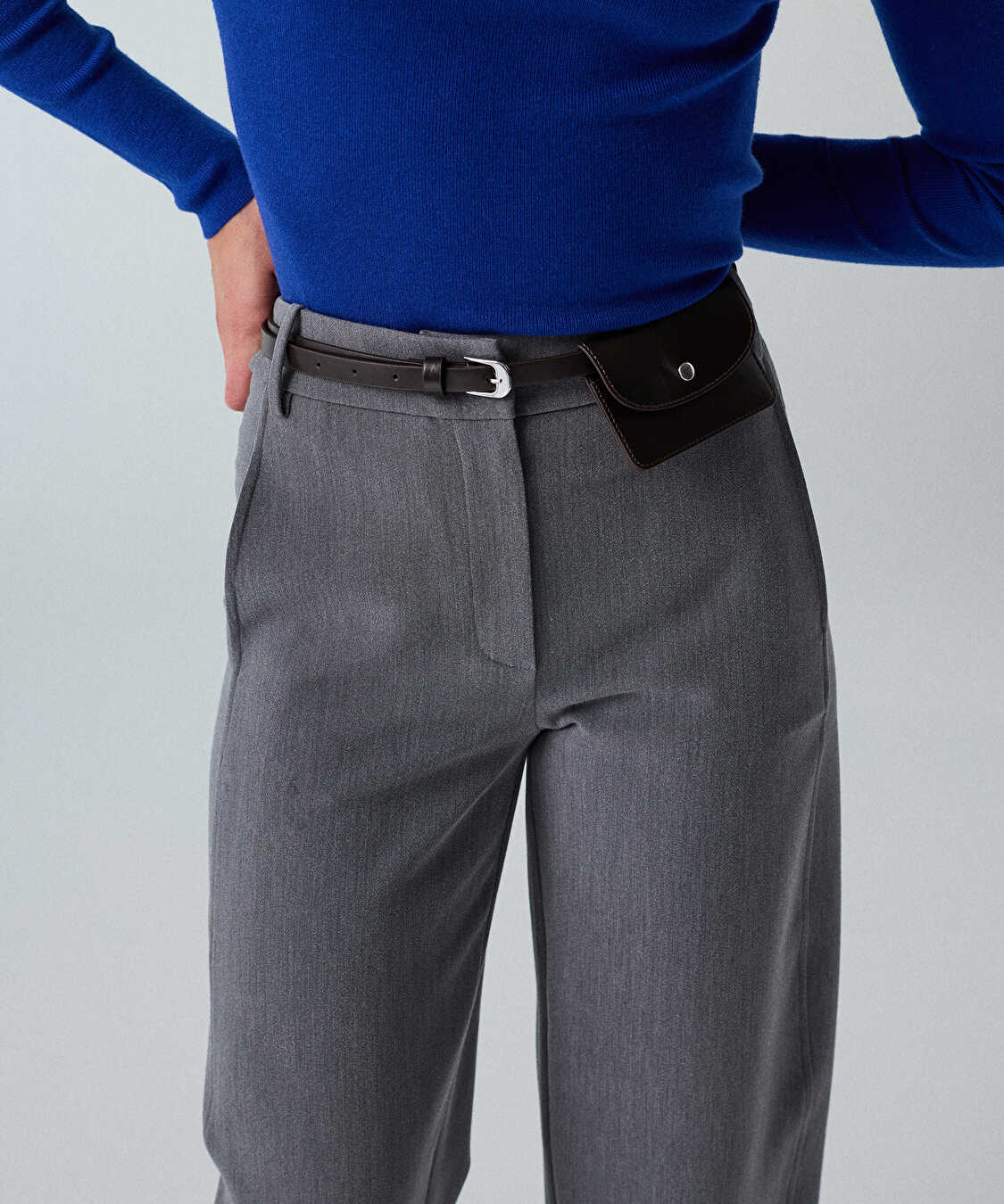 Kemerli barrel fit pantolon - IW6260003192081 - Koyu Gri Pantolon