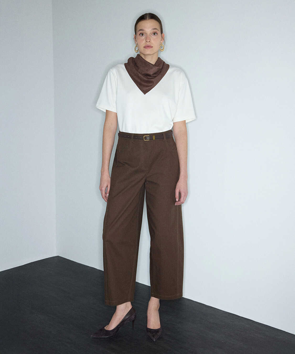 Dokulu barrel fit pantolon - IW6260003203074 - Kahverengi Pantolon