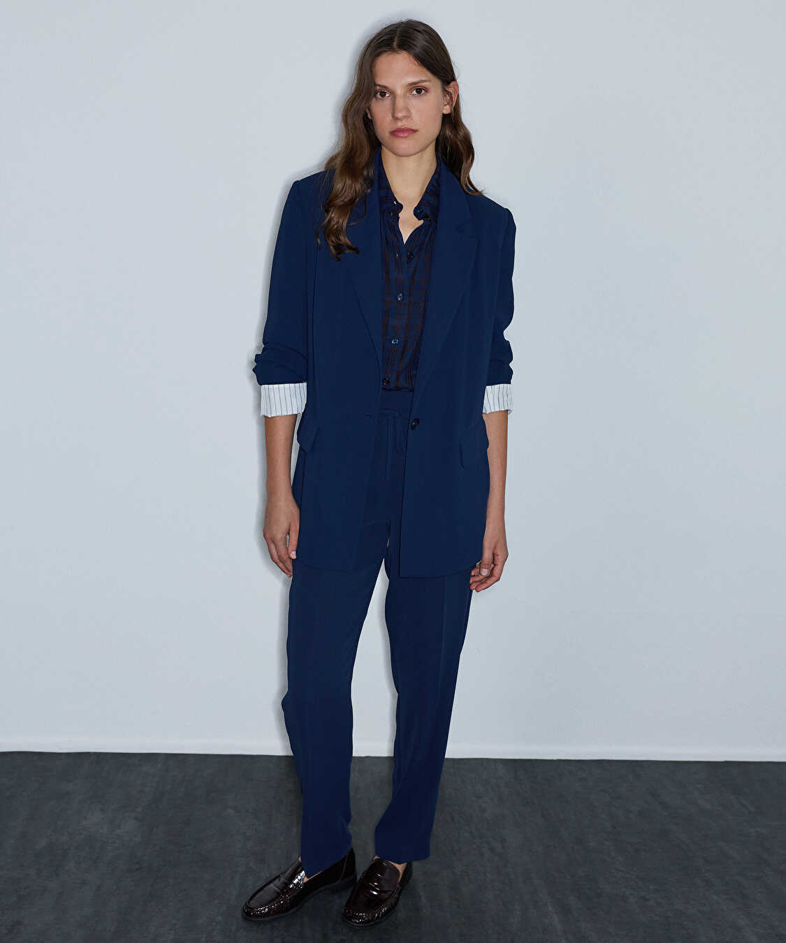 Vatkalı uzun blazer - IW6260005125015 - Lacivert Ceket
