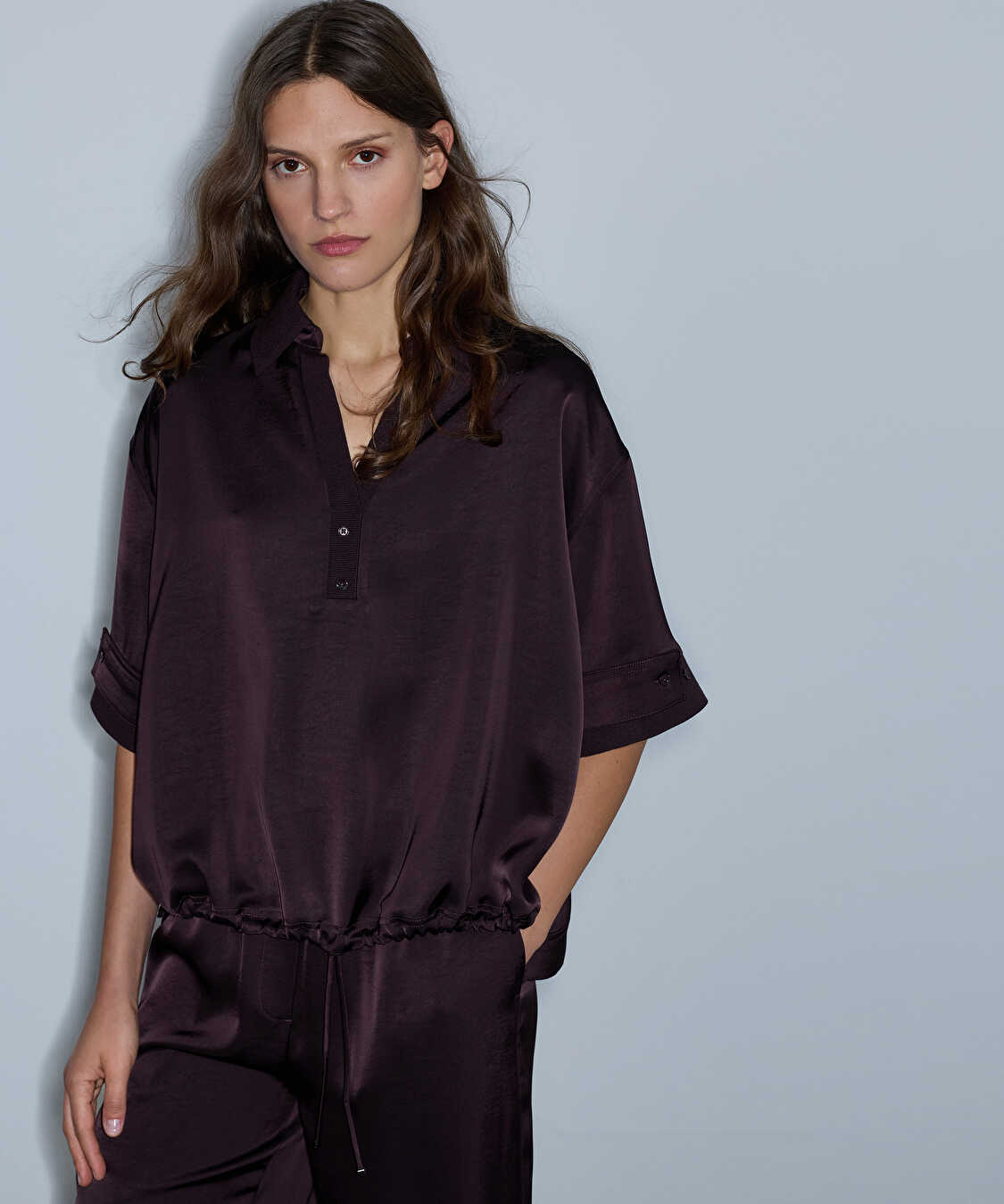 Parlak yüzeyli bluz - IW6260006122008 - Mürdüm Bluz