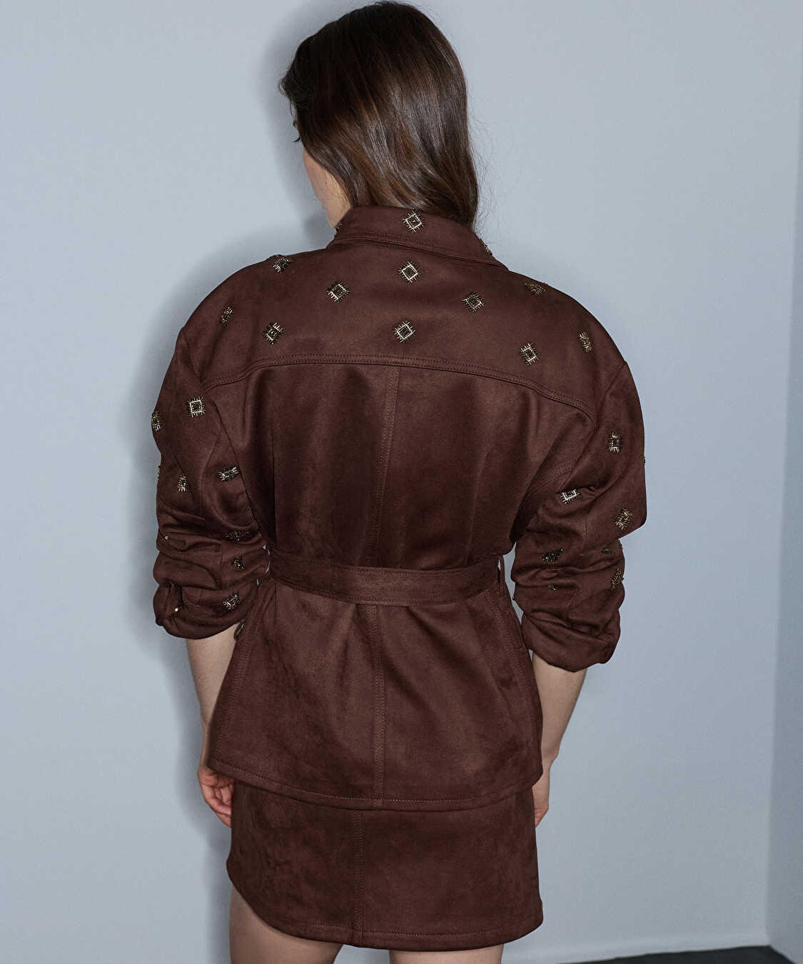 İşlemeli süet görünümlü mont - IW6260012362074 - Kahverengi Mont