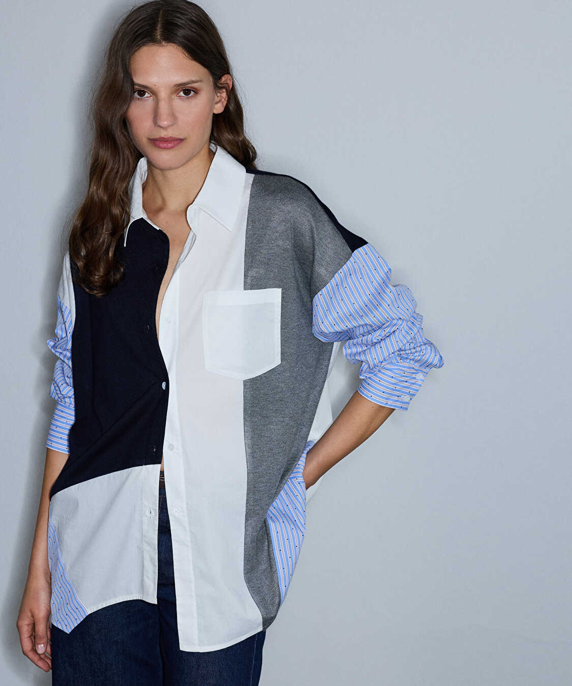 Kumaş mix oversize gömlek - IW6260025140015 - Lacivert GOMLEK