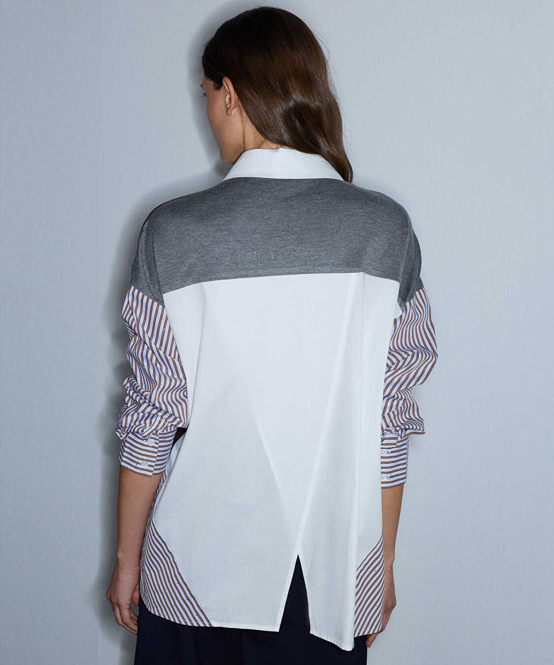 Kumaş mix oversize gömlek - IW6260025140074 - Kahverengi GOMLEK