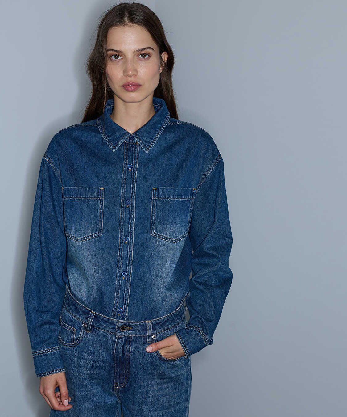 Çıkarılabilir fularlı denim gömlek - IW6260025145629 - İndigo GOMLEK