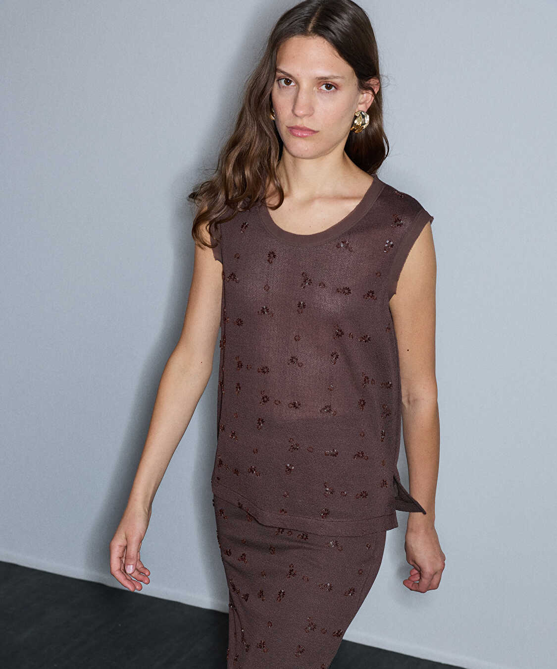 Kumaş mix işlemeli triko - IW6260050161074 - Kahverengi Triko
