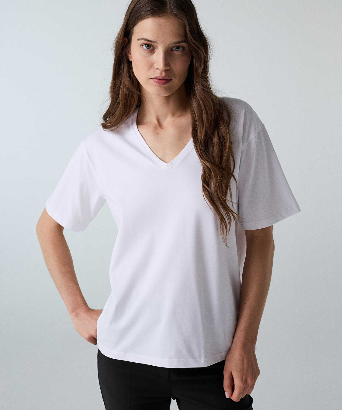 V yaka basic tişört - IW6260070138002 - Beyaz Tişört